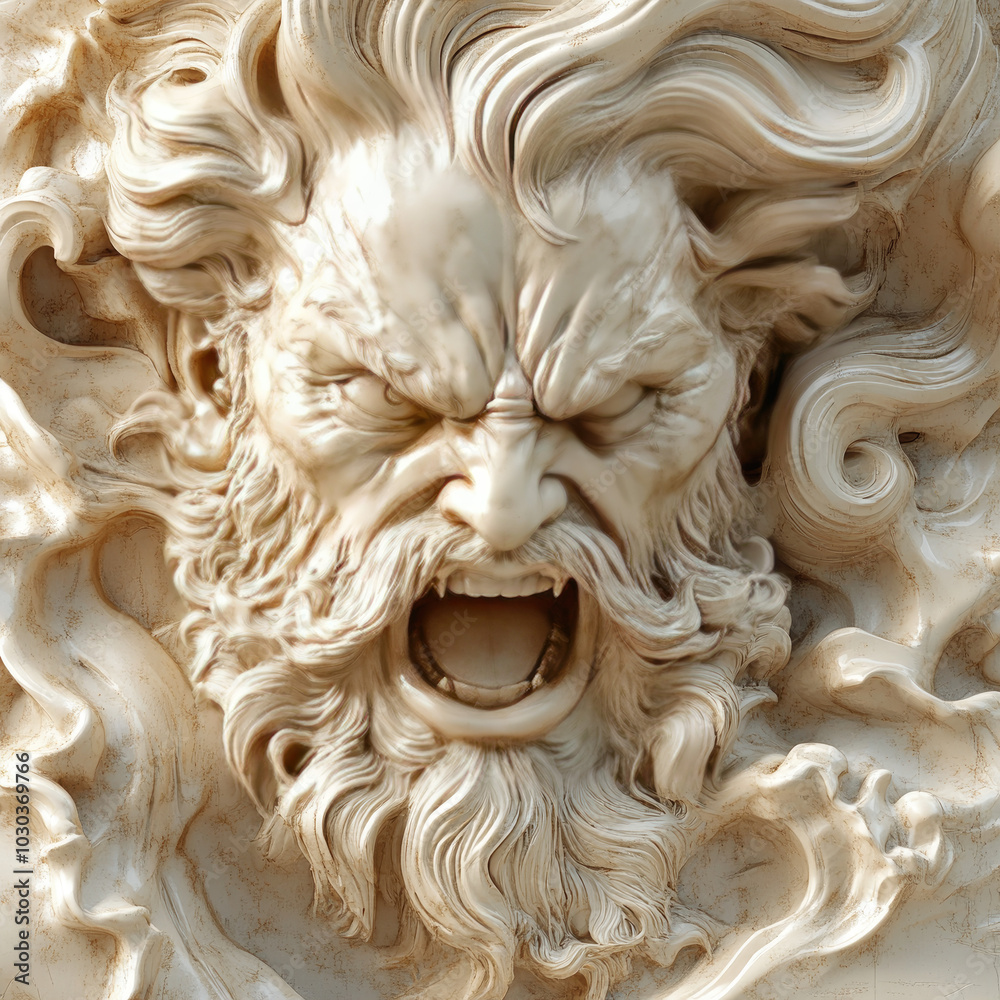 3D bas-relief of the god of war with an angry face in vanilla and beige tones. Character from Greek mythology, fantasy print. Creative interior decor, decor of exhibition pavilion, gallery. Stylish de 3D bas-relief of the god of war with an angry face in vanilla and beige tones. Character from Greek mythology, fantasy print. Creative interior decor, decor of exhibition pavilion, gallery. Stylish de