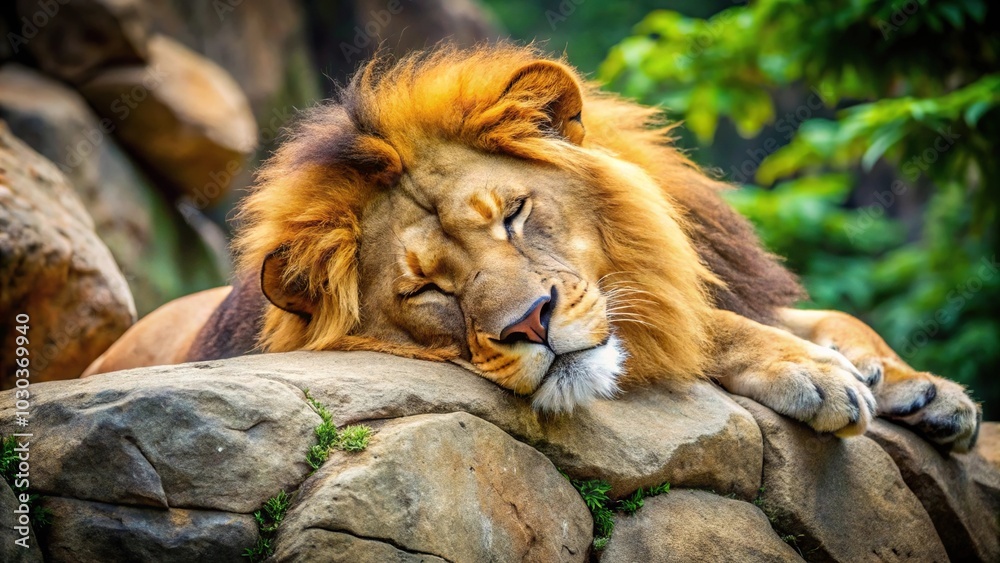 Obraz premium Lion sleeping on rock in zoo, high angle view