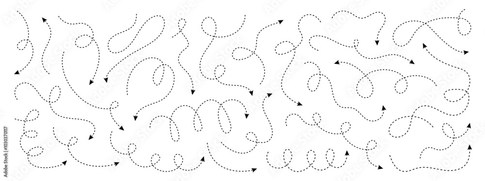 Collection of squiggle dash line arrows. Dashed hand drawn curved vector arrows icons Collection of squiggle dash line arrows. Dashed hand drawn curved vector arrows icons