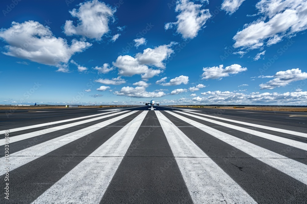Fototapeta premium an airport runway with white stripes, wide angle, low camera position, daylight, blue sky with clouds,