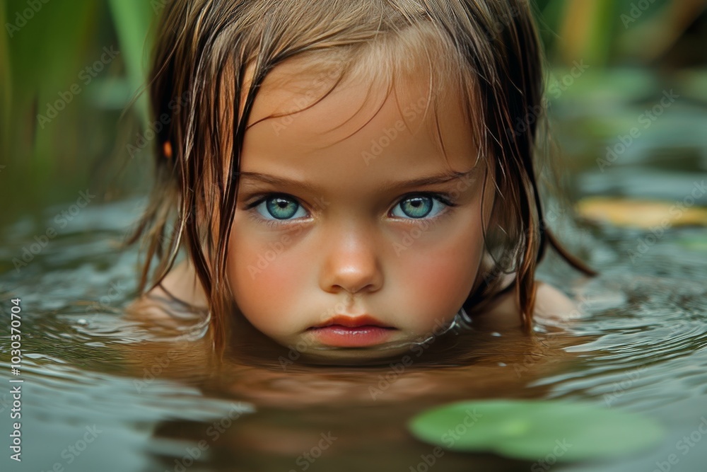 Close up of a serious little girl partially submerged in water her intense gaze conveying strength determination and the beauty of childhood resilience in a natural outdoor setting Close up of a serious little girl partially submerged in water her intense gaze conveying strength determination and the beauty of childhood resilience in a natural outdoor setting