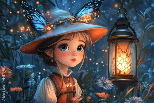 Little girl wearing a butterfly hat holding a glowing lantern in a mystical forest evoking a sense of wonder magic and adventure in a surreal fantasy like setting photo