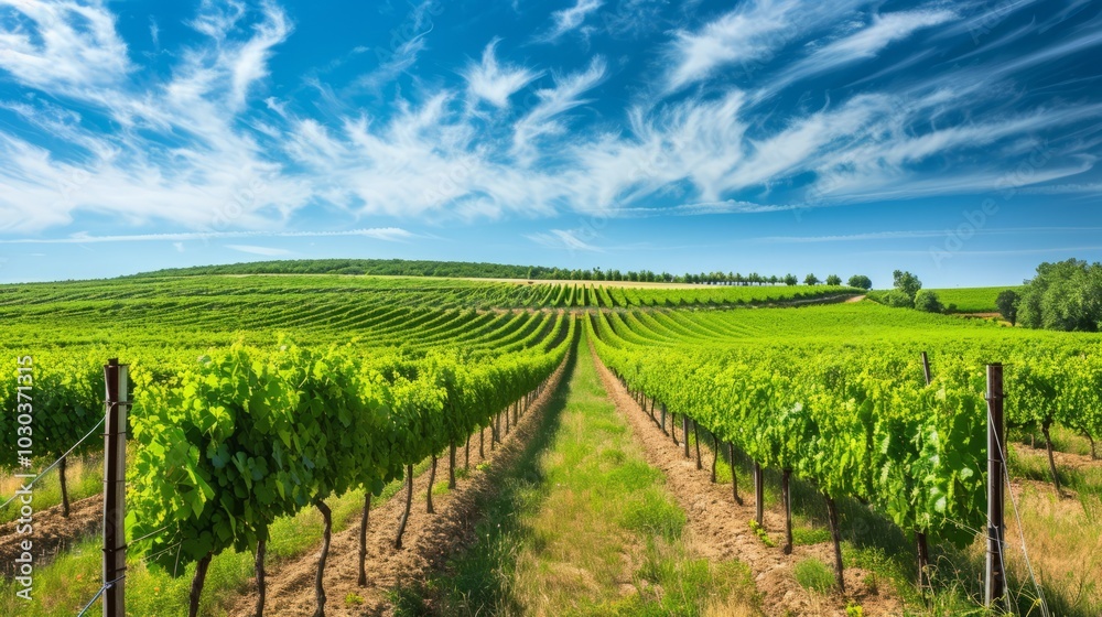 Serenity of Summer: Captivating Green Vineyards and Blue Skies Serenity of Summer: Captivating Green Vineyards and Blue Skies