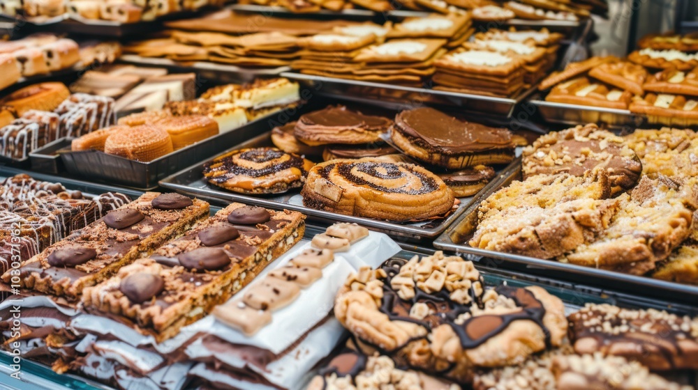 A Variety of Delicious Pastries and Cakes on Display in a Bakery A Variety of Delicious Pastries and Cakes on Display in a Bakery