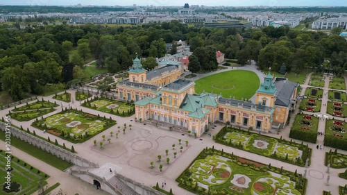 Wilanów Palace, Aerial drone photography. Panoramic view of sunset over Warsaw. Panoramic view of Wilanów Palace