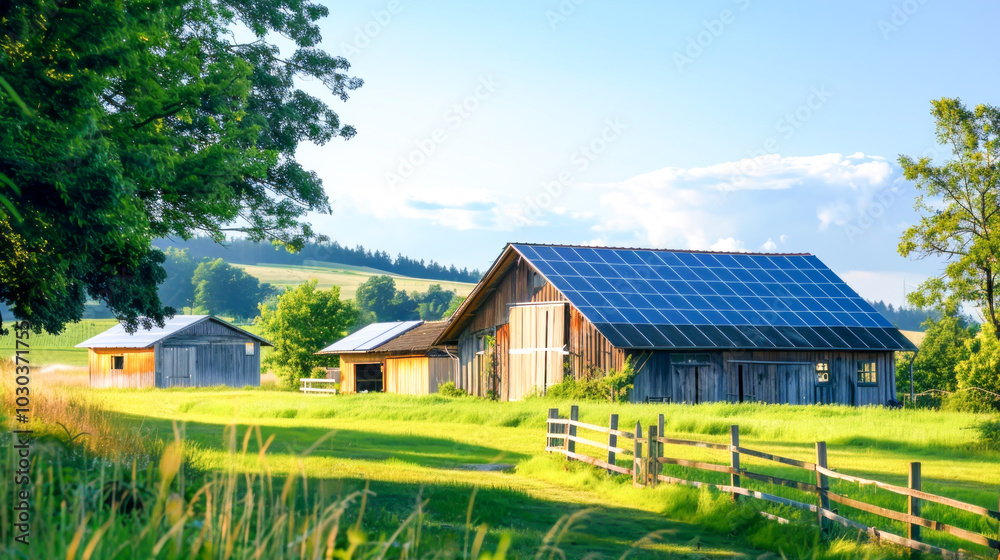 Farmhouses with solar panels sit in lush green countryside under clear blue skies. Concept of sustainable energy with traditional rural life, reflecting eco-friendly living trends in modern farming Farmhouses with solar panels sit in lush green countryside under clear blue skies. Concept of sustainable energy with traditional rural life, reflecting eco-friendly living trends in modern farming