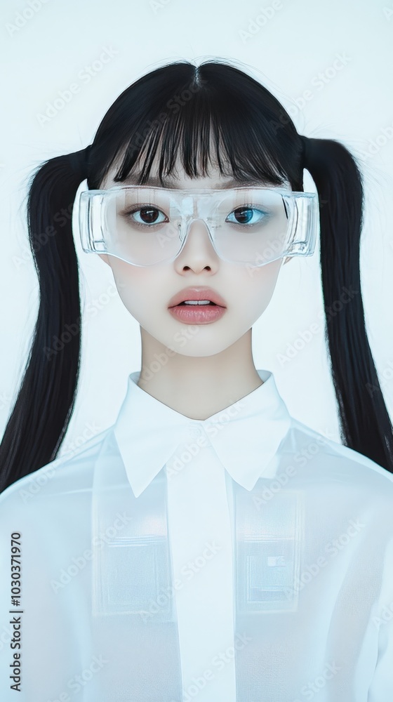 In a minimalist setting, a young Japanese woman with two long ponytails and black hair sports futuristic glasses with transparent display panels. In a minimalist setting, a young Japanese woman with two long ponytails and black hair sports futuristic glasses with transparent display panels.