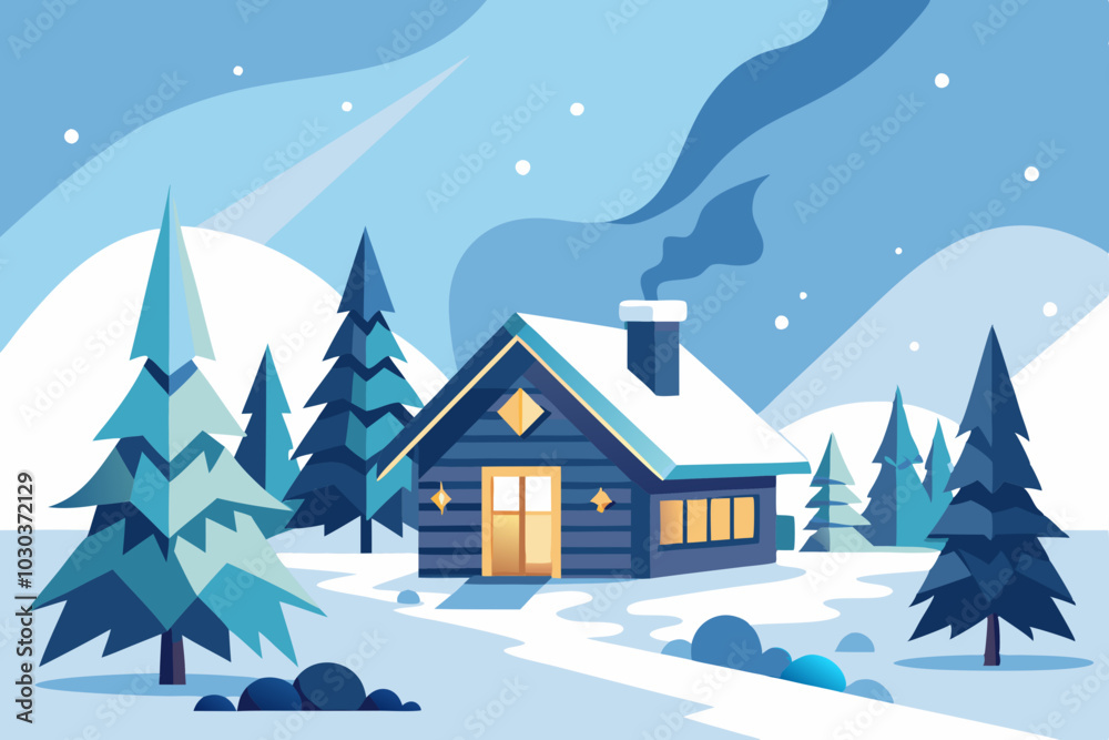 Naklejka premium Minimalist Winter Cabin Scene with Snowflakes on White Background