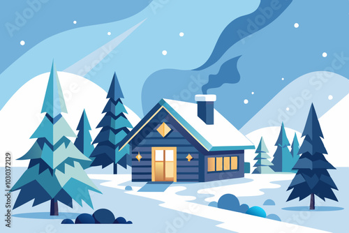 Minimalist Winter Cabin Scene with Snowflakes on White Background