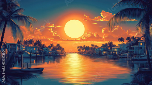 Cape Coral, Florida, classic traditional Christmas wood block print effect. Woodblock Xmas theme printing. Graphic designed, illustration for travel poster, card, wallpaper, backdrop or banner