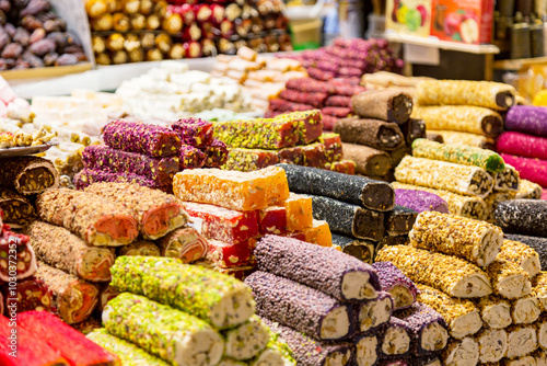 Different Turkish delight lokum types. Egyptian market in Istanbul, Turkey.