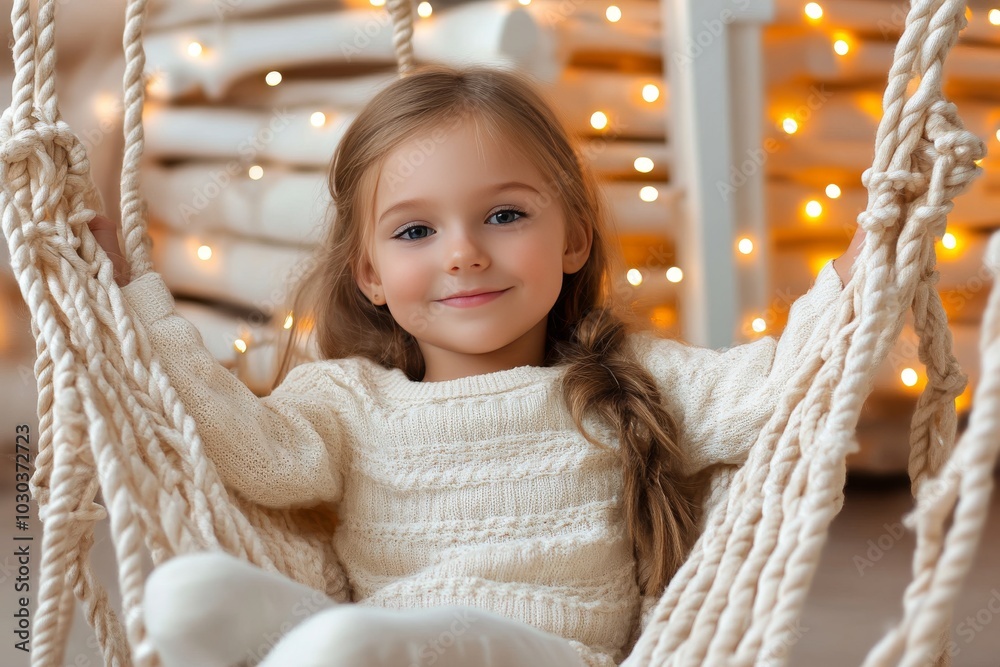Little girl in a cozy hammock surrounded by soft fairy lights capturing comfort relaxation and childhood innocence in a warm peaceful indoor environment Little girl in a cozy hammock surrounded by soft fairy lights capturing comfort relaxation and childhood innocence in a warm peaceful indoor environment