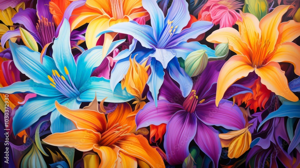 Vibrant lilies with acrylic paint, modern art, acrylic painting, home decor. Vibrant lilies with acrylic paint, modern art, acrylic painting, home decor.