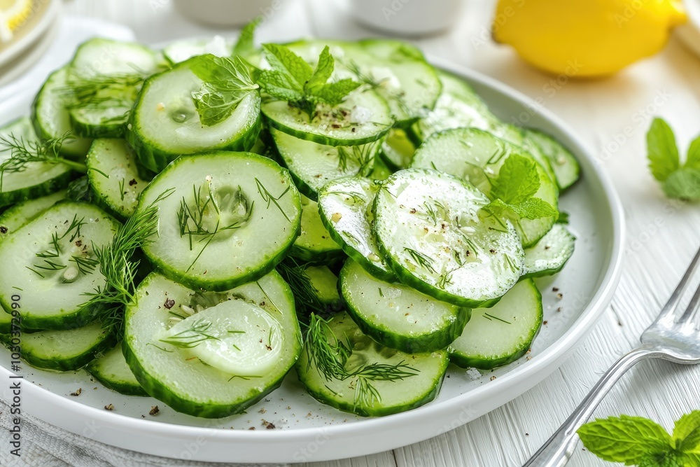 Fresh cucumber salad with dill and mint. This image is perfect for showcasing healthy, light, and refreshing food for cookbooks, blogs, or advertising. Fresh cucumber salad with dill and mint. This image is perfect for showcasing healthy, light, and refreshing food for cookbooks, blogs, or advertising.