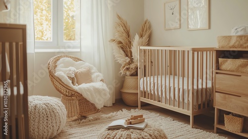 Soft neutral nursery with beige tones, wooden accents, and a cozy corner with books and plush toys, warm natural light, side view photo