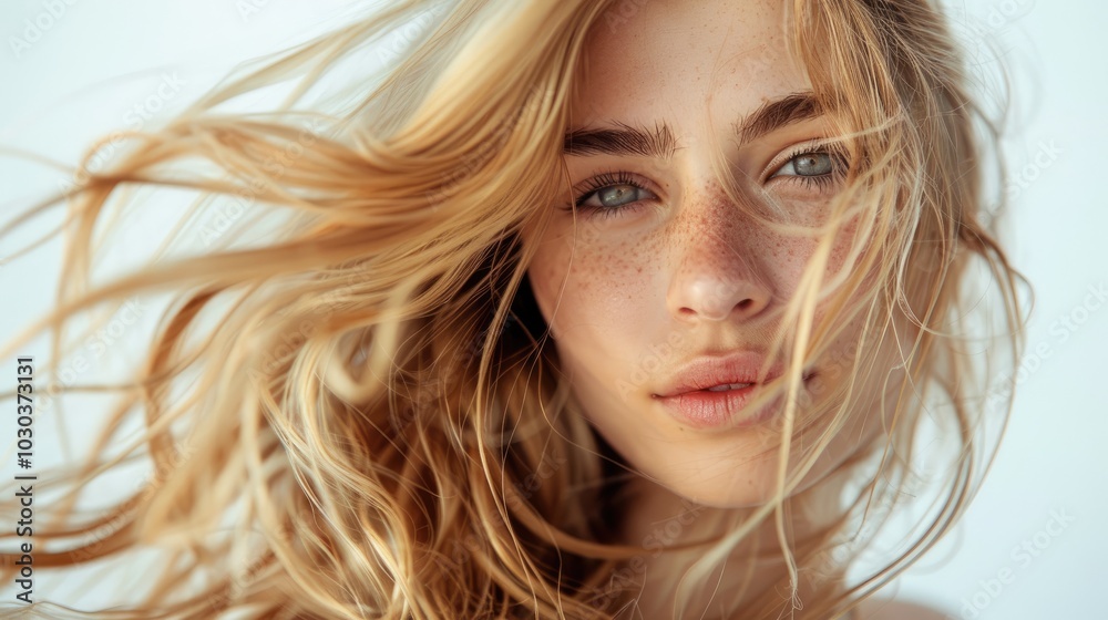 Beautiful blonde woman with long hair flowing in the wind, close-up portrait of a beautiful model with a perfect face and hairstyle on a gray background. A luxurious beauty salon concept Beautiful blonde woman with long hair flowing in the wind, close-up portrait of a beautiful model with a perfect face and hairstyle on a gray background. A luxurious beauty salon concept