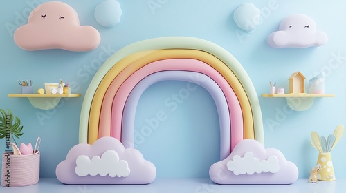 Whimsical nursery with rainbow wall art, pastel colors, and cloudshaped shelves, playful and imaginative, side view photo