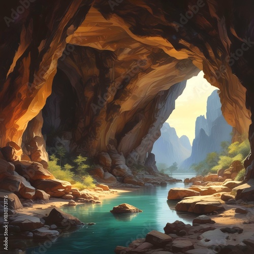 Illustration of rocky landsvape inside cave. photo