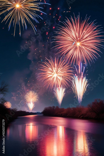 Wallpaper Mural A serene night in the forest by a calm river, with dazzling fireworks lighting up the sky. Their bright, sparkling reflections dance on the water, celebrating the New Year in a magical, vibrant scene. Torontodigital.ca