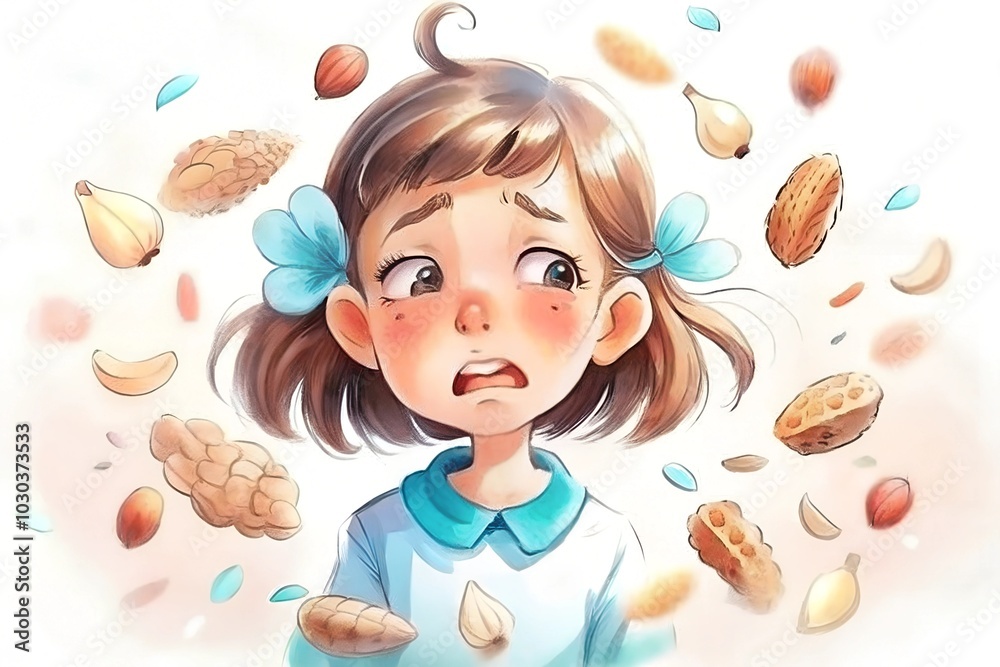 Worried Girl Surrounded by Allergen Nuts with Warning Sign in Illustrated Style Worried Girl Surrounded by Allergen Nuts with Warning Sign in Illustrated Style