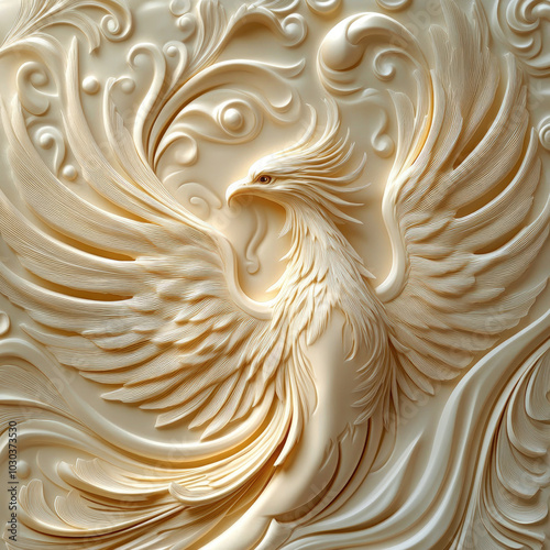 3D bas-relief of a Phoenix bird in vanilla and beige tones. Resource, sketch for creativity, template for greeting card, invitation, fantasy print, Creative interior decor, decor of exhibition pavilio photo