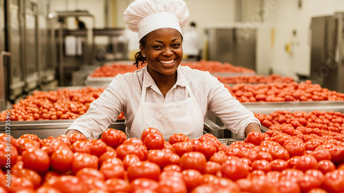A smiling Black woman in her mid-30s works diligently at the tomato packaging station in an organic food production facility, wearing a white apron and chef's hat amid vibrant rows of fresh, red tomat