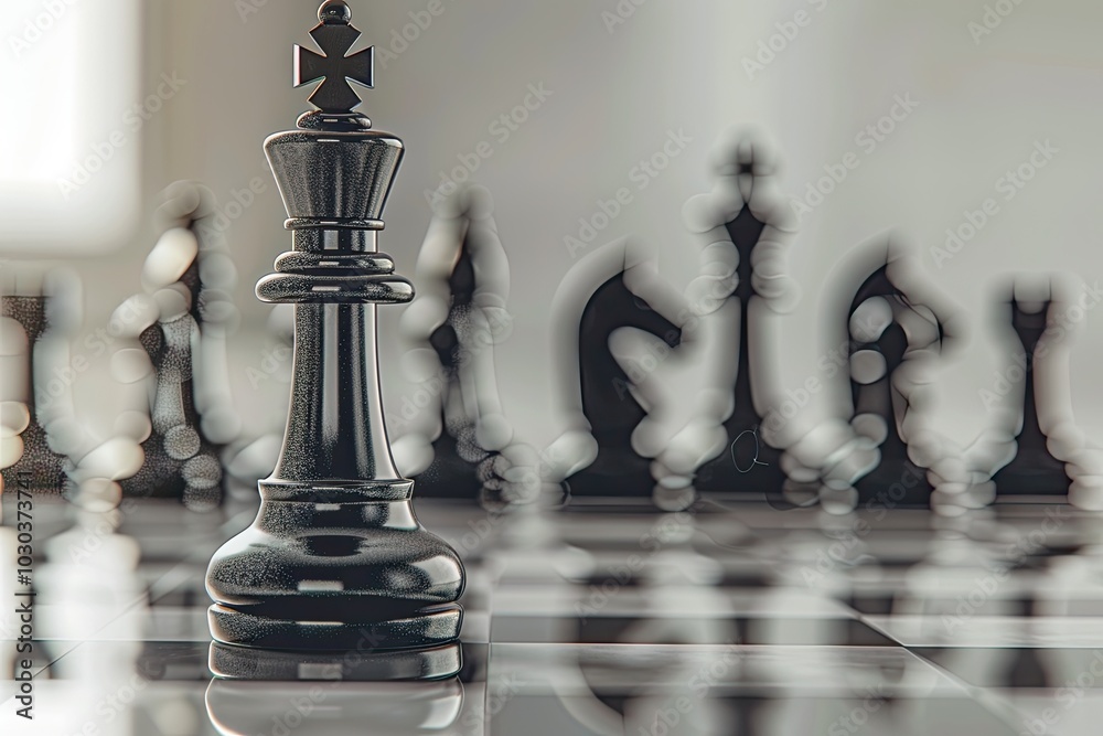 Black chess king piece standing on board with other pieces blurred in background, business concept of competition and success.. Black chess king piece standing on board with other pieces blurred in background, business concept of competition and success..