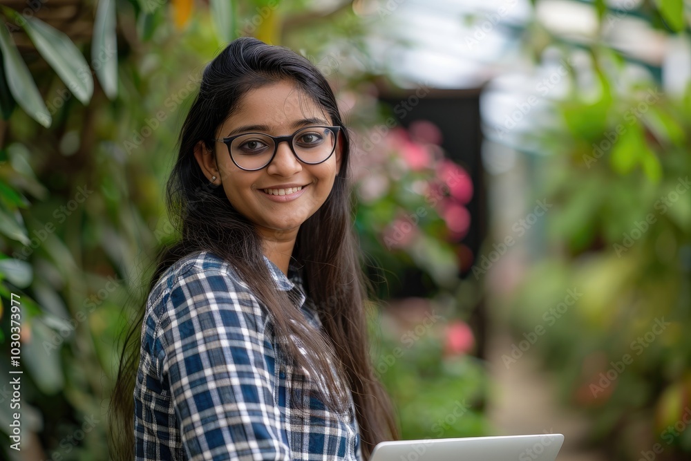 Candid portrait of a smiling young Indian female student with a laptop in an outdoor garden, looking at the camera, Candid portrait of a smiling young Indian female student with a laptop in an outdoor garden, looking at the camera,