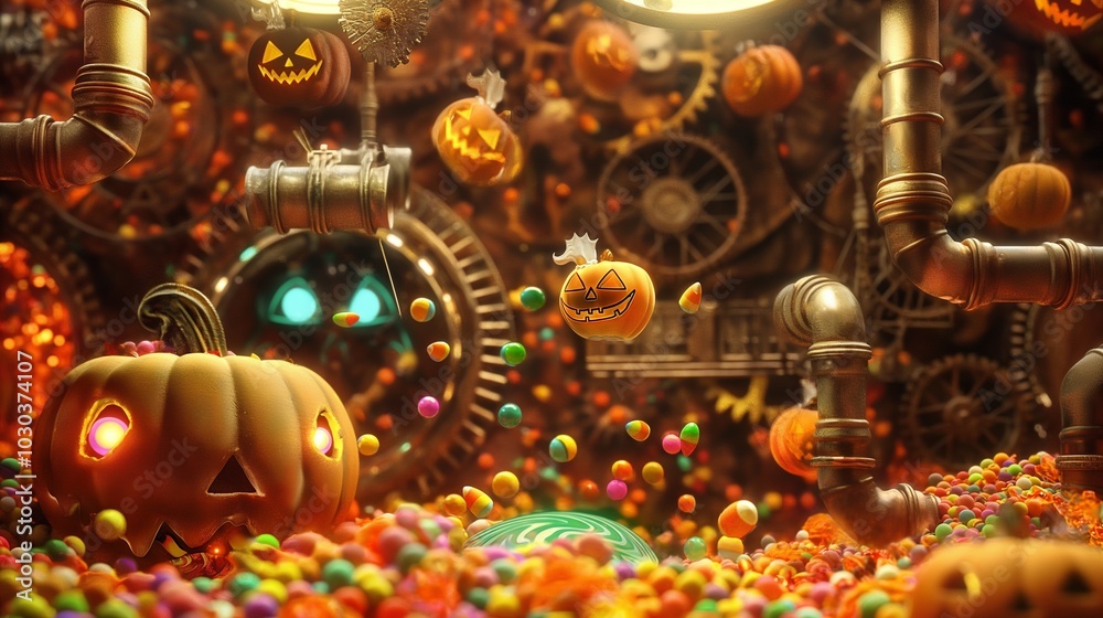 Fototapeta premium A fantastical scene with a whimsical character whose glowing eyes illuminate a swirl of colorful Halloween candies.