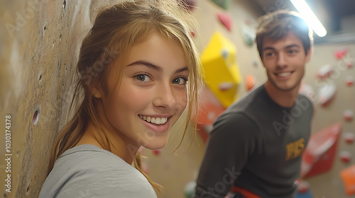 Climber training hard indoors in a bouldering sport center, holding a big artificial rock, trying not to fall down.