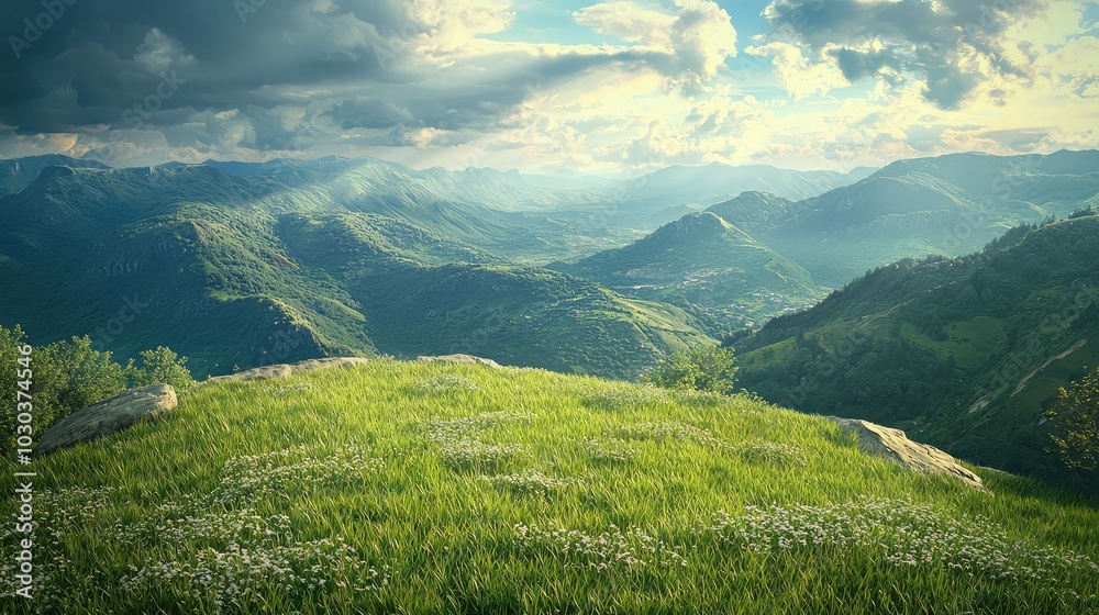 Fototapeta premium Captivating View from Grassy Hilltop Overlooking Landscape