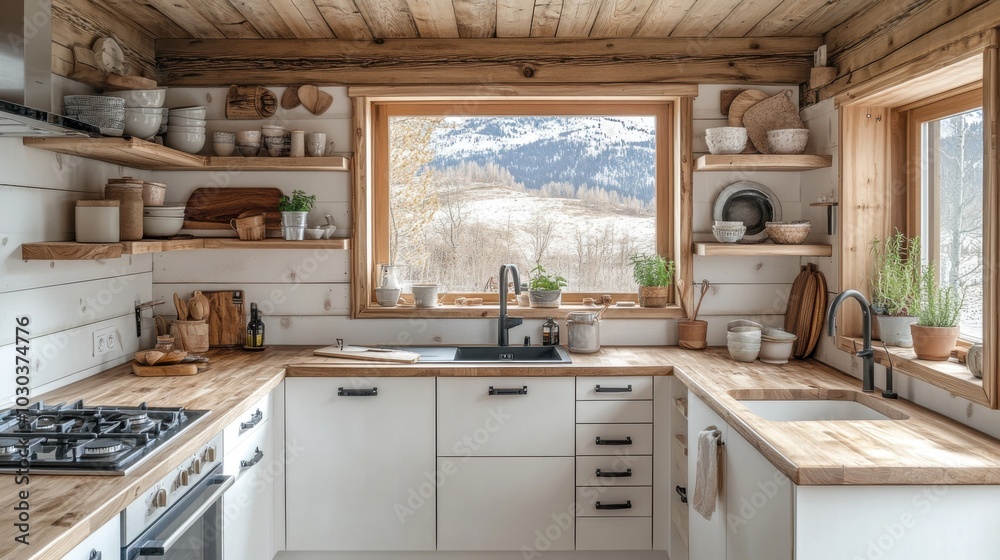Fototapeta premium Cozy Rustic Kitchen with Wooden Accents and Mountain View Through Window