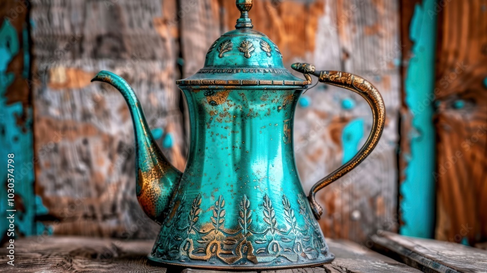 Antique Teal Teapot with Ornate Gold Design on Rustic Wooden Background Antique Teal Teapot with Ornate Gold Design on Rustic Wooden Background