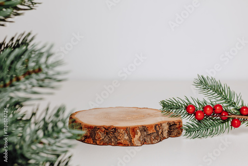 Empty wooden podium with Christmas tree, showcase with fir tree for winter product presentation