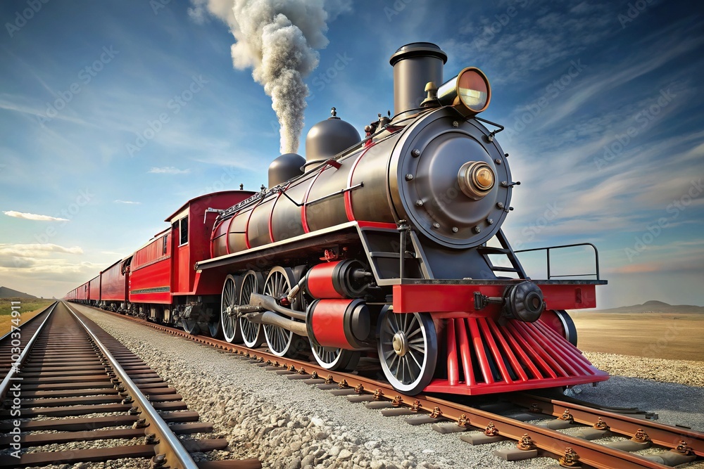 Naklejka premium long red and black train engine on track isolated on white