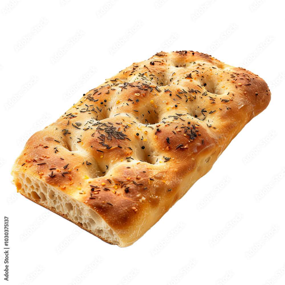 Freshly baked focaccia bread seasoned with herbs and spices, isolated on a white background Freshly baked focaccia bread seasoned with herbs and spices, isolated on a white background