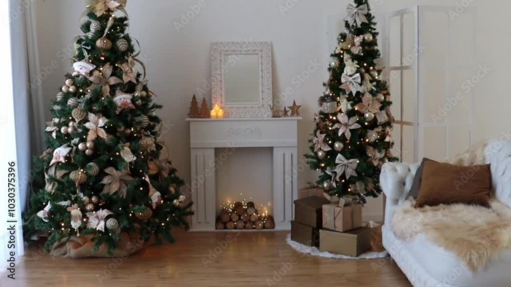 arvores com decoração de natal e lareira 