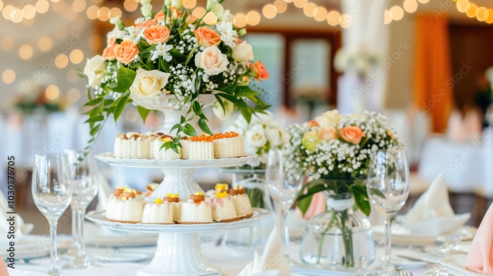 Wedding Table Decor with Flowers, Desserts, and Wine Glasses Wedding Table Decor with Flowers, Desserts, and Wine Glasses