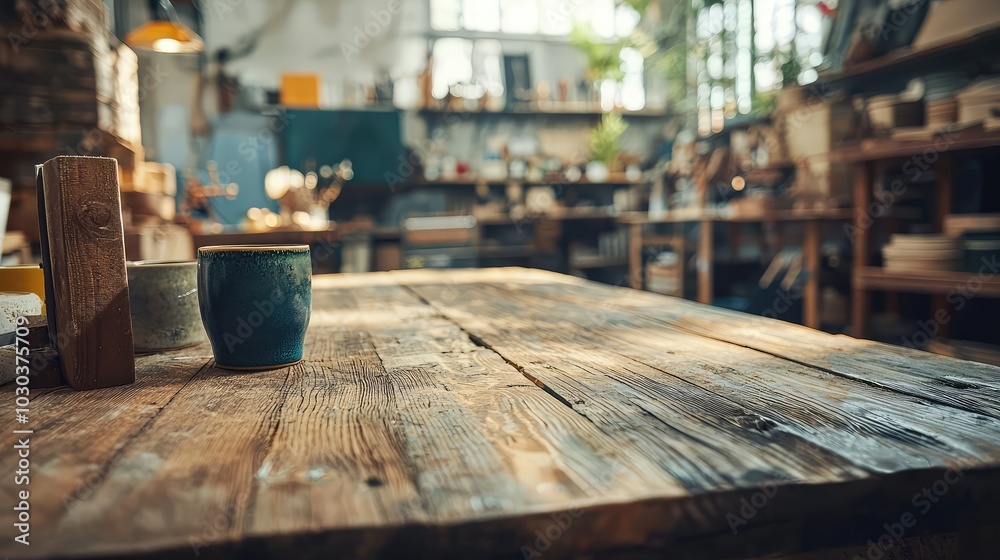Rustic Wooden Table in a Cozy Workshop Setting Rustic Wooden Table in a Cozy Workshop Setting