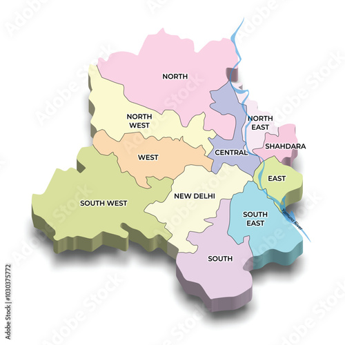 Delhi 3d map district wise with river Yamuna
