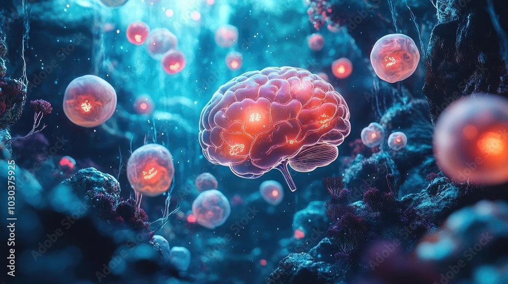A brain surrounded by floating positive affirmations, such as  enough,   healing,  and  calm