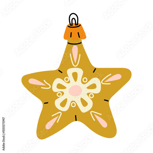 A Soviet Christmas tree toy. A star with a decor, flowers, a glass colored toy. Cute illustration in vintage colors. New Year, Christmas elements. An isolated object is hanging on the Christmas tree