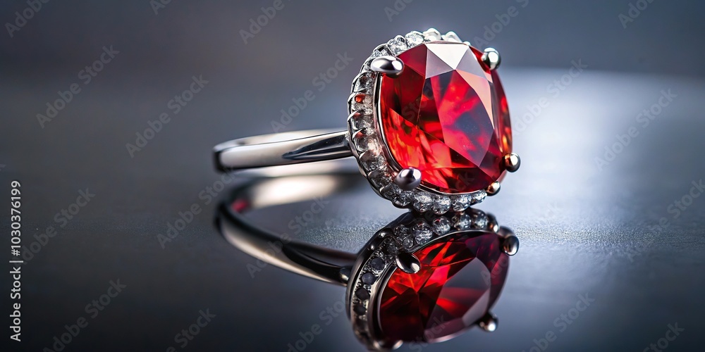 Naklejka premium Long shot jewellery ring with red sapphire on reflective surface