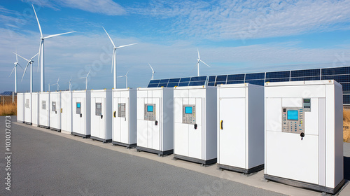 Photorealistic view of a modern battery storage facility with solar panels and wind turbines under bright daylight, captured on a Sony Alpha A7 III camera.