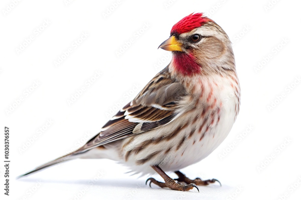 Long shot of Common Redpoll bird in isolation on white background Long shot of Common Redpoll bird in isolation on white background