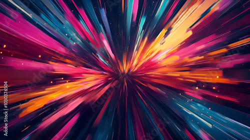 Abstract light explosion with bold streaks of neon colors including blue, pink, and orange radiating outward. Ideal for artistic backgrounds, modern designs, and energetic visual composition