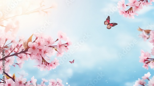 Branches of blossoming cherry against background of blue sky and fluttering butterflies in spring on nature outdoors, copy space.