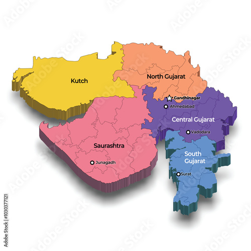 Gujarat 3d map with region wise