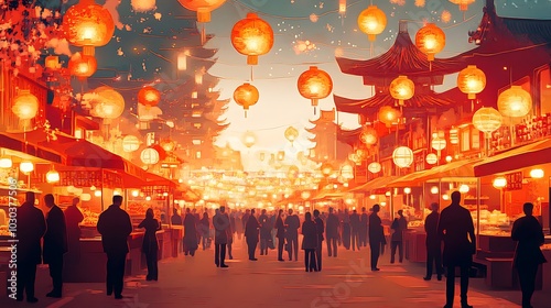 A bustling Chinese New Year market scene illustrated in intricate red paper-cut style, featuring rows of food stalls, glowing lanterns swaying in the breeze, and festive decorations,