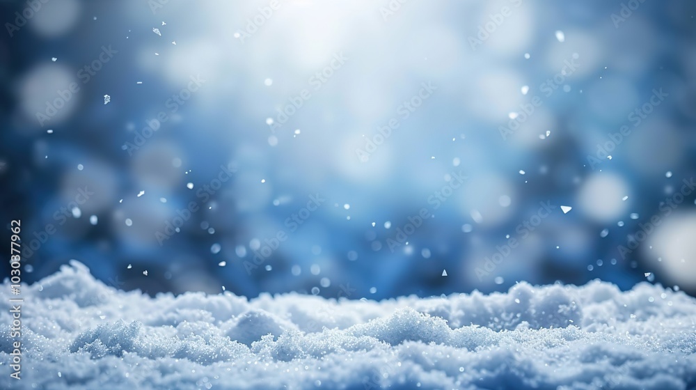 Naklejka premium Christmas ornaments in blue and gold with pine branches and snow, creating a festive and elegant holiday atmosphere.